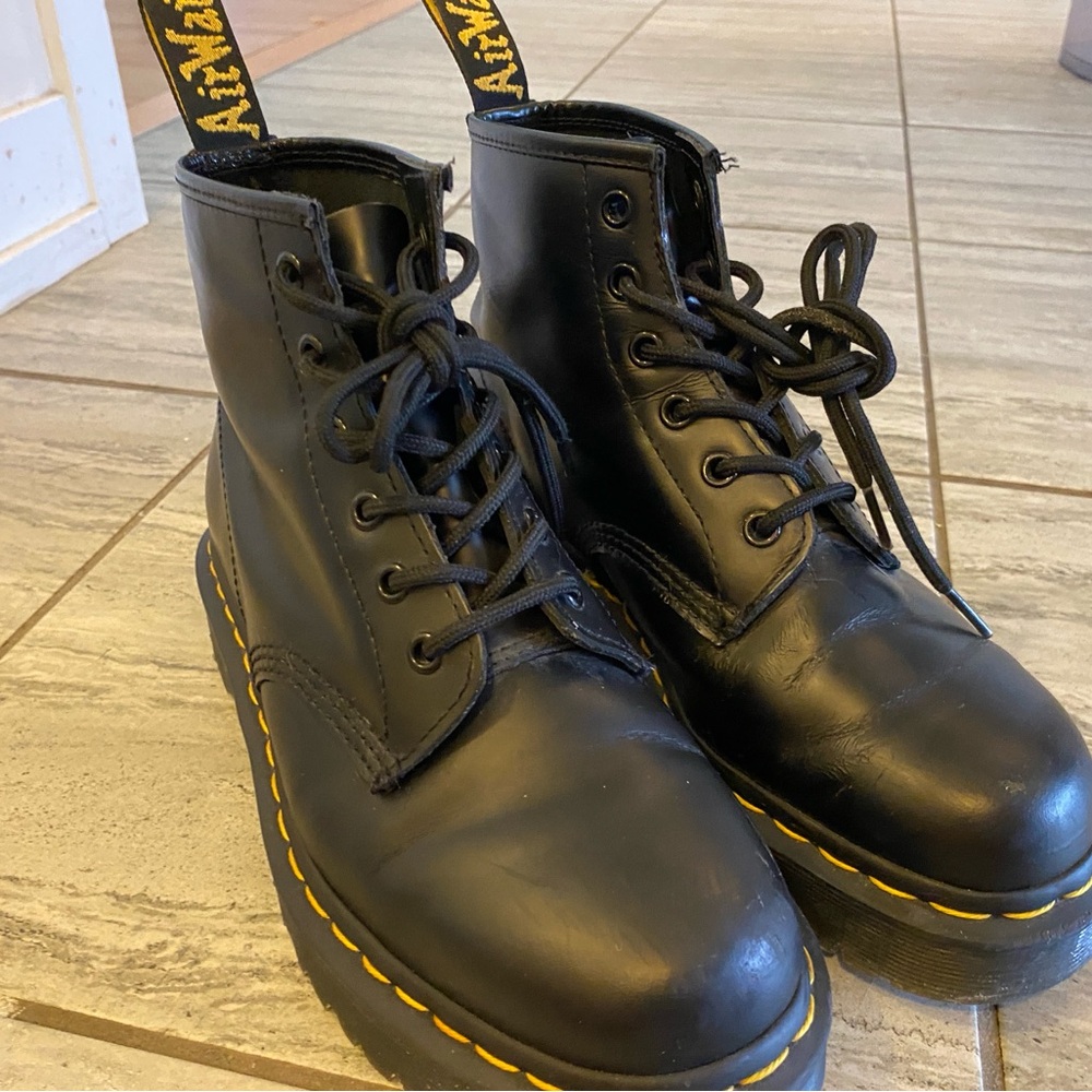 Dr. Martens Black Leather Combat Boots with Yellow Stitching